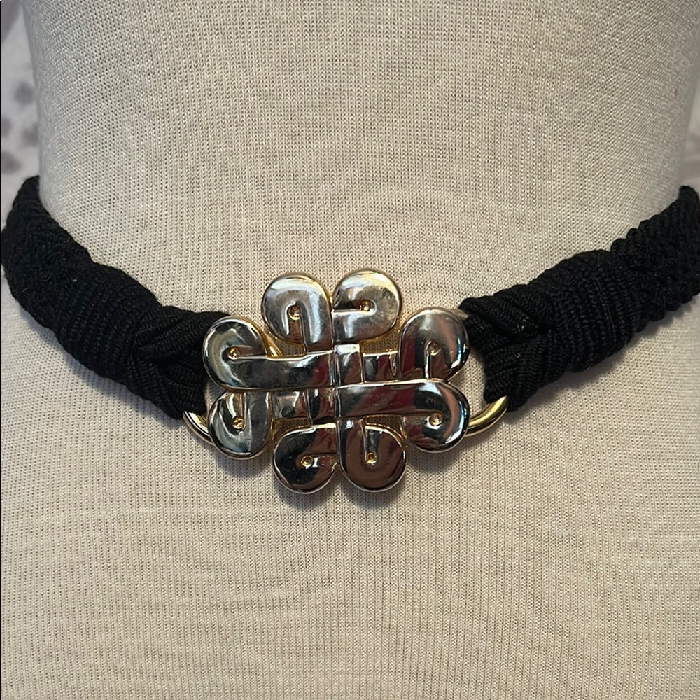 Leather shop vintage black braided macramé stretchy gold buckle belt sz M
